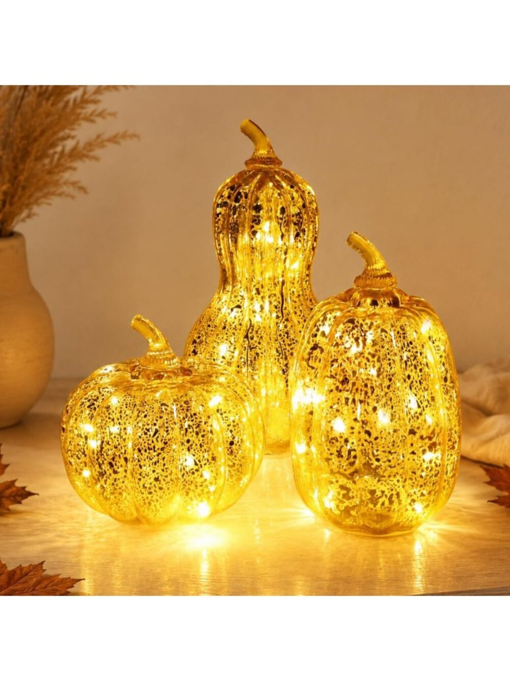 Set of 3 Lighted Gold Mercury Glass Pumpkins - Fall Thanksgiving Decor with